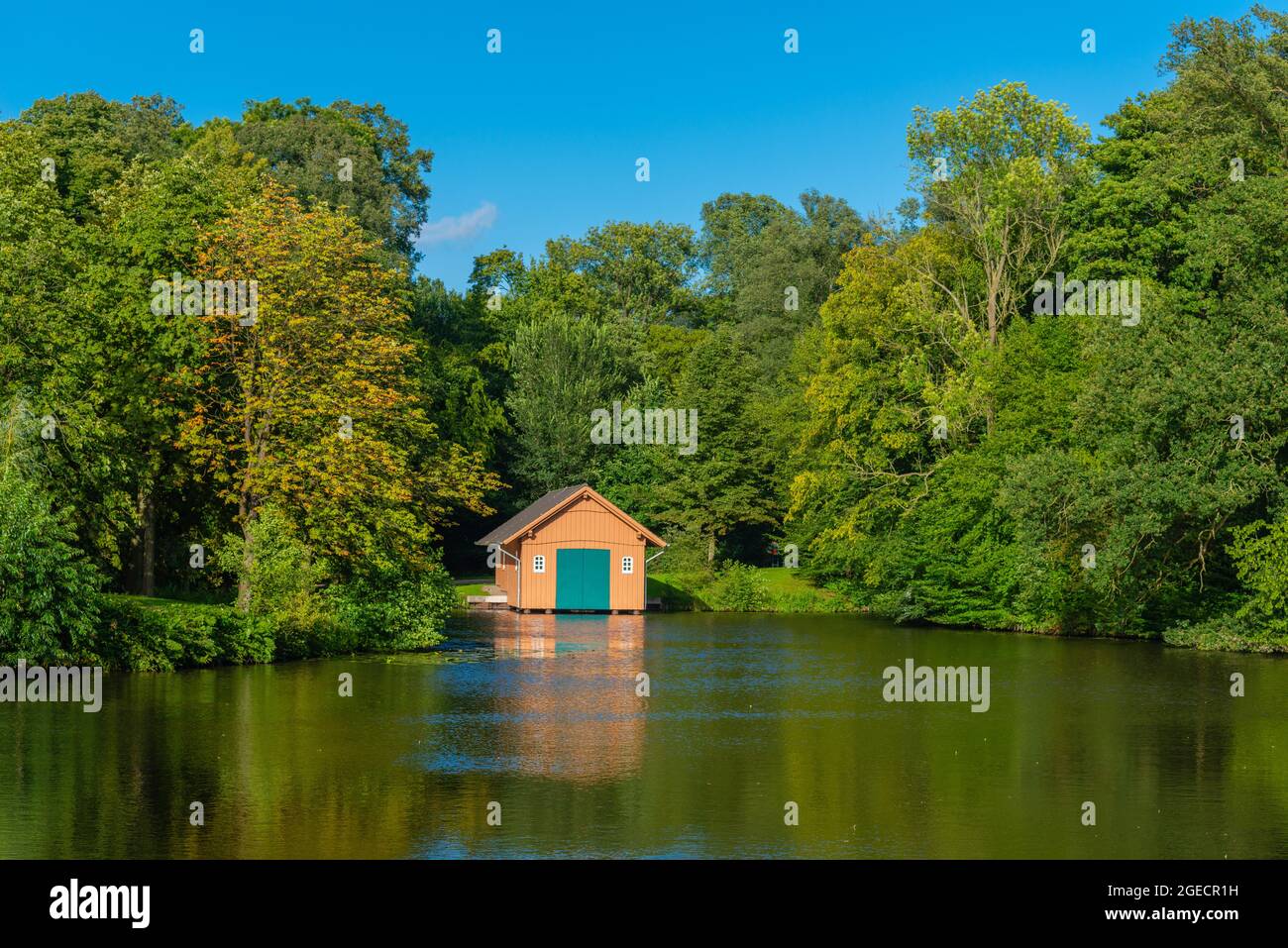 Boathouse on Lake Emmasee in Bürgerpark Hansestadt Bremen or Main City Park Hanseatic City of Bremen, Federal State of Bremen, Northern Germany Stock Photo