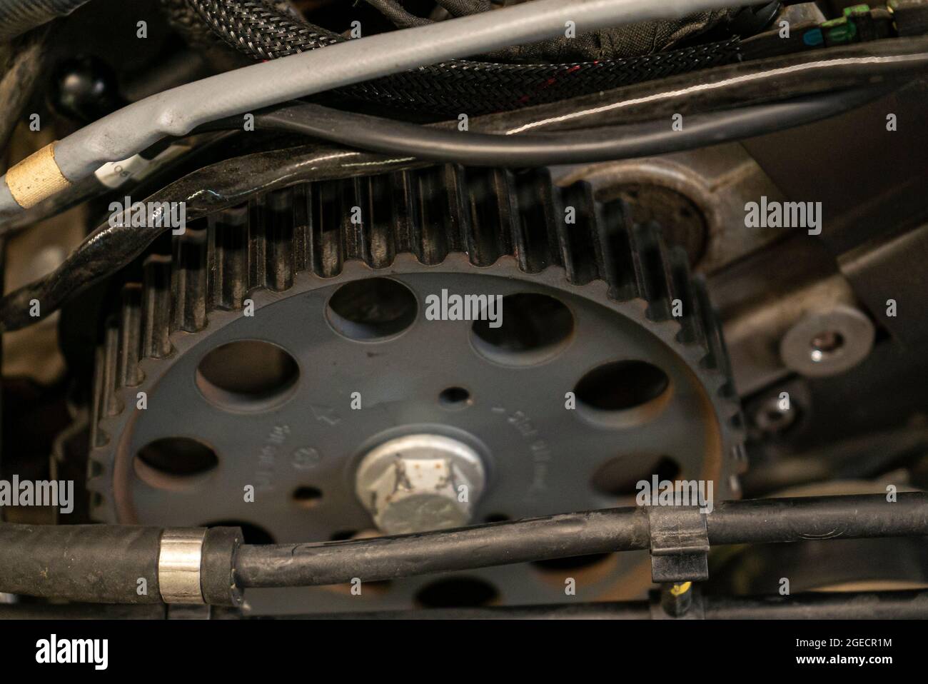 Detail of Pulley in the car engine Stock Photo Alamy