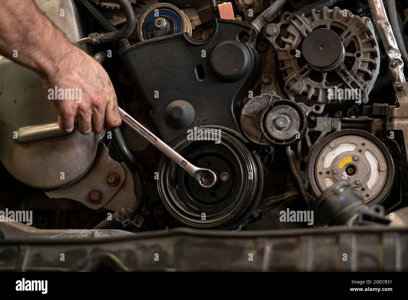 Pulley in the car engine Stock Photo Alamy