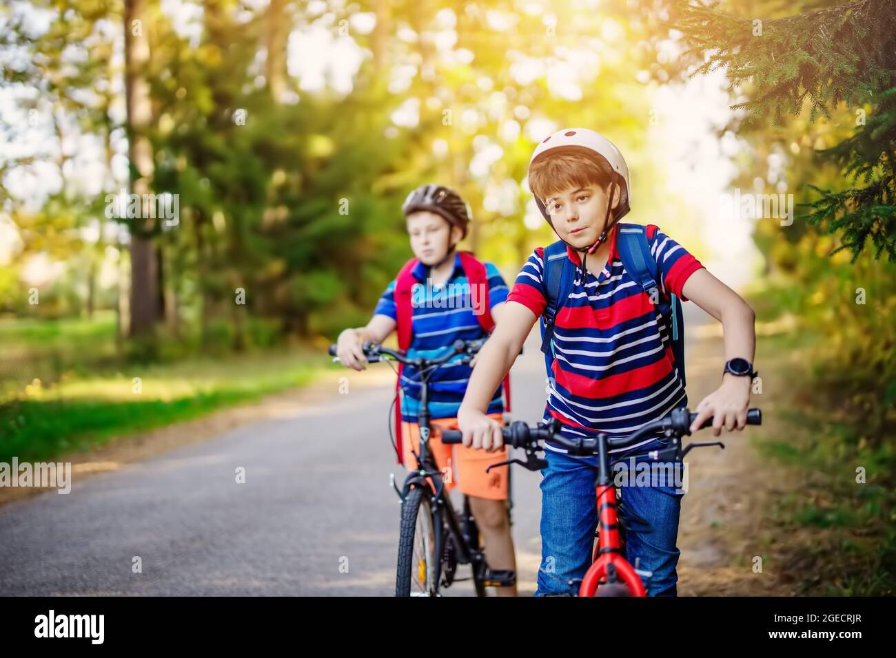 Teenagers on the bicycles at the asphalt road riding to the school ...