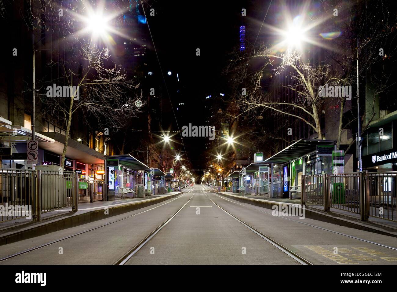 Melbourne, Australia, 26 August, 2020. Melbourne under curfew, a city devoid of life. A view of a tram stop on Collins Street. Credit: Dave Hewison/Speed Media/Alamy Live News Stock Photo