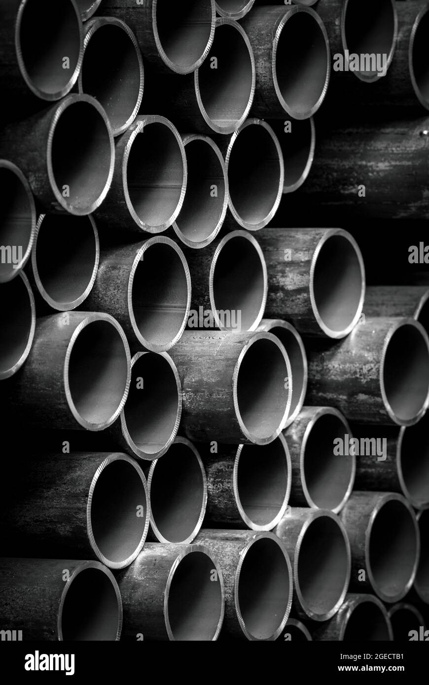 Rows of steel tubes. in a steel foundry in the UK. Stock Photo