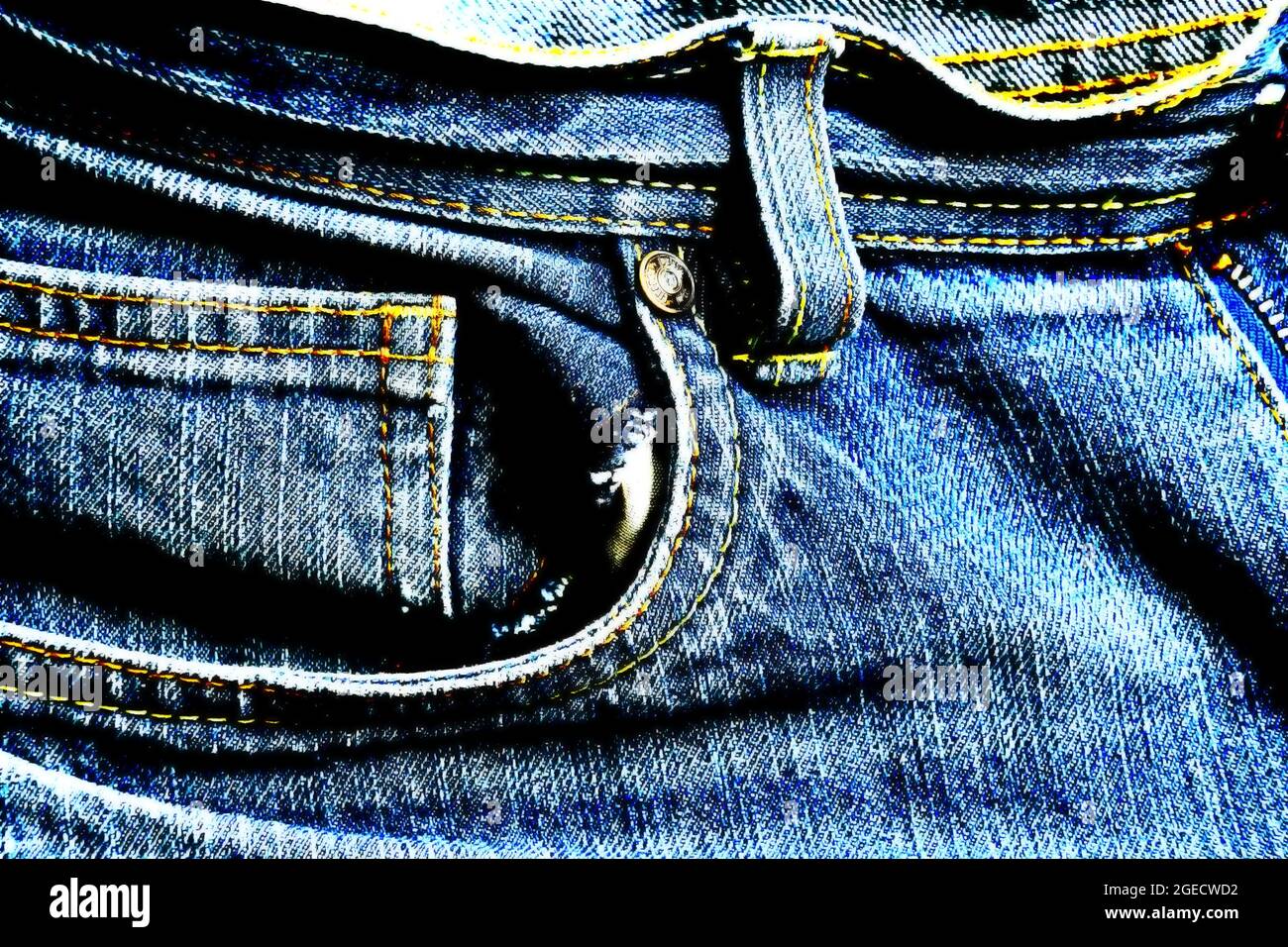 old used jeans, front with bag Stock Photo