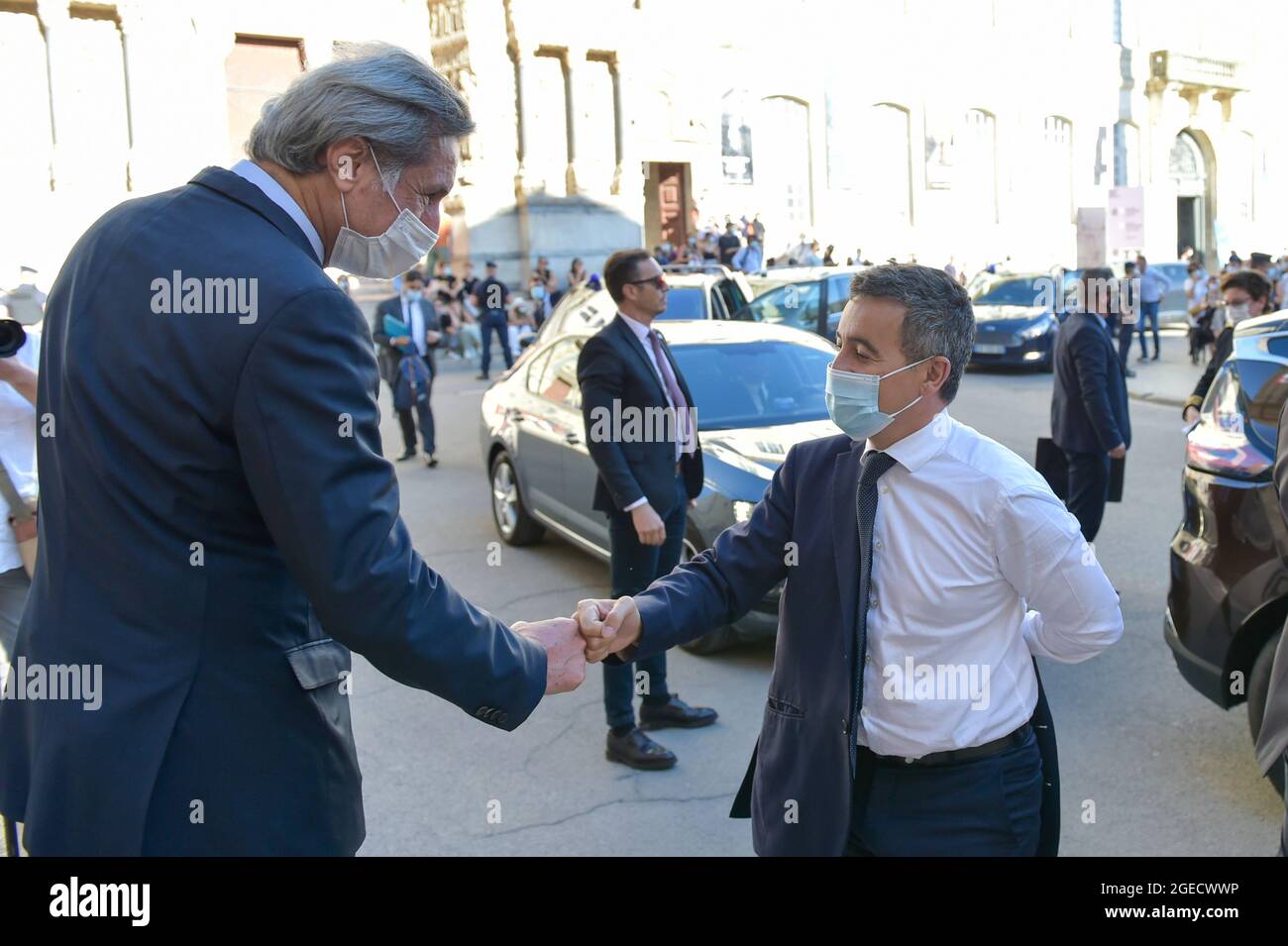 Arles, Bouches-du-Rhone, France. 18th Aug, 2020. Patrick de Carolis, mayor of Arles, shakes hands with Gerald Darmanin, Minister of the Interior upon his arrival for the press conference at Arles City Hall.In order to reinforce the fight against delinquency and drug trafficking the government signed ''integrated security contracts'' with the cities. These contracts include additional resources provided by the state in terms of personnel and equipment in exchange for increased investment in public security by the cities. (Credit Image: © Laurent Coust/SOPA Images via ZUMA Press Wire) Stock Photo