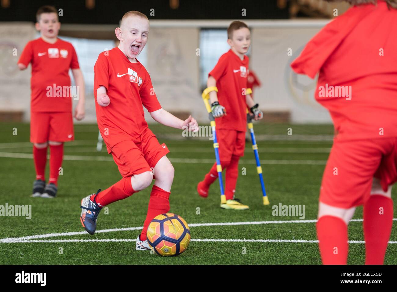 MACHNICE, POLAND - APRIL 6, 2019: Training of National Junior AMP Football team during grouping of children and adolescents after amputations and with Stock Photo