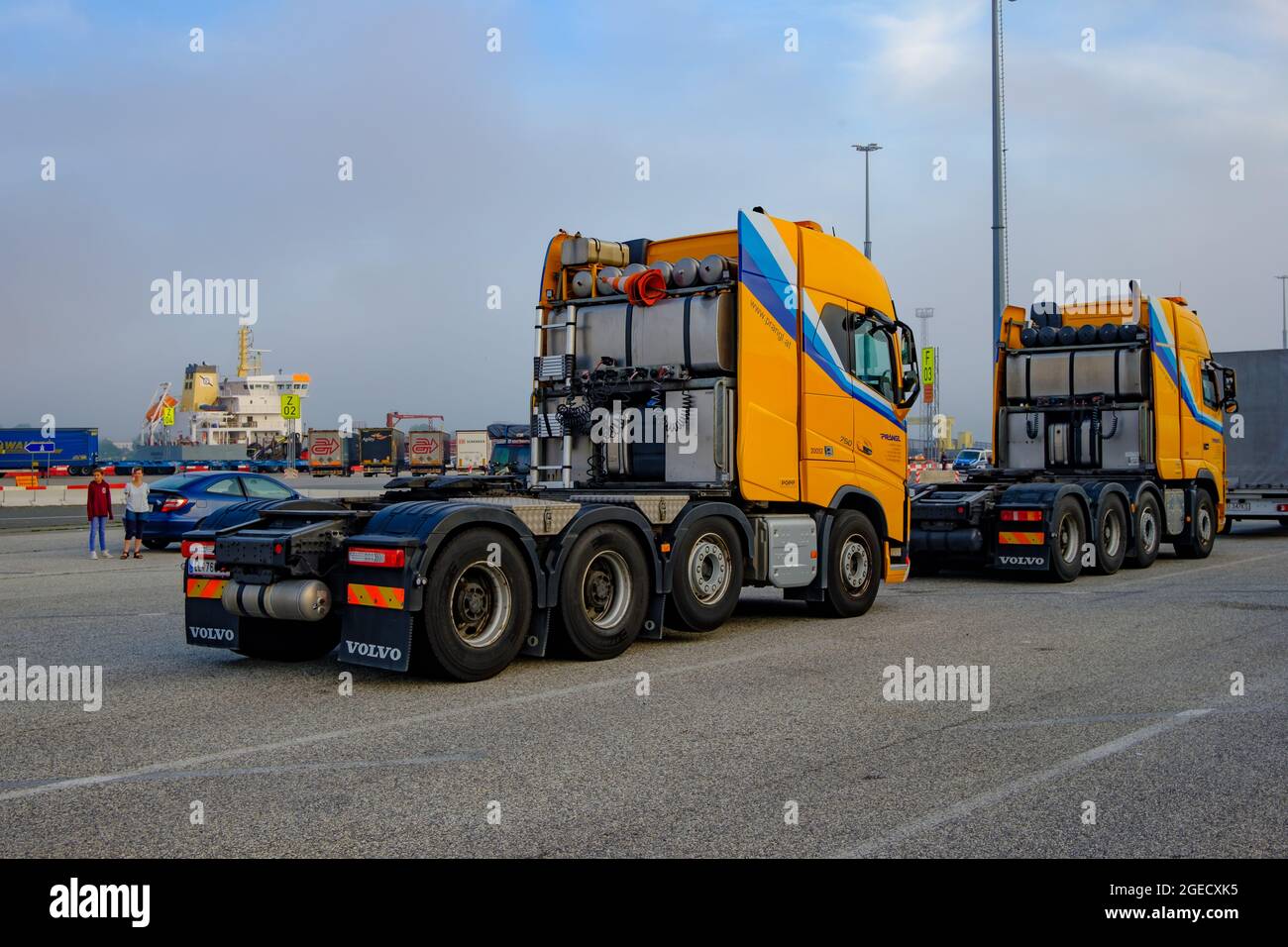 rostock, germany, 13 july 2021, tow volvo fh 16 750 heavy load tractors operated by prangl in the harbour Stock Photo