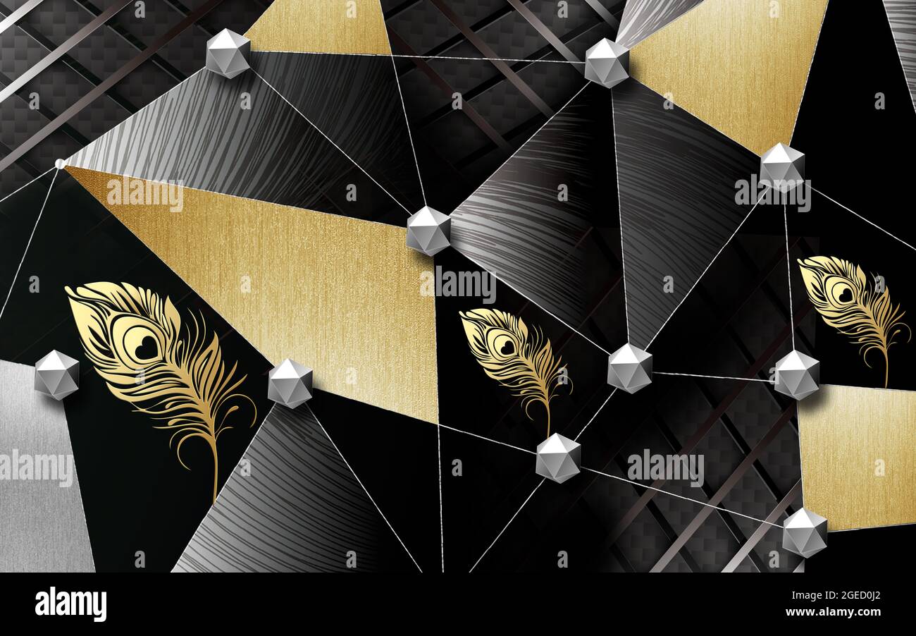 3d modern mural wallpaper . Golden shape, Geometric forms in dark background  with golden feather . for interior home decor. 3d wall modern Stock Photo -  Alamy