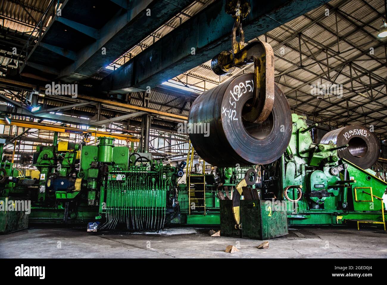 Pipe manufacturing plant. Large diameter Metal pipes factory Stock