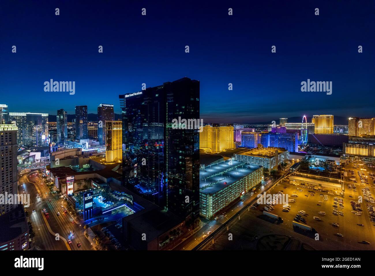 Elevated view of The Strip, Las Vegas, Nevada, USA. Hilton Grand Vacations Hotel and Casino in the centre. Night photography. Stock Photo