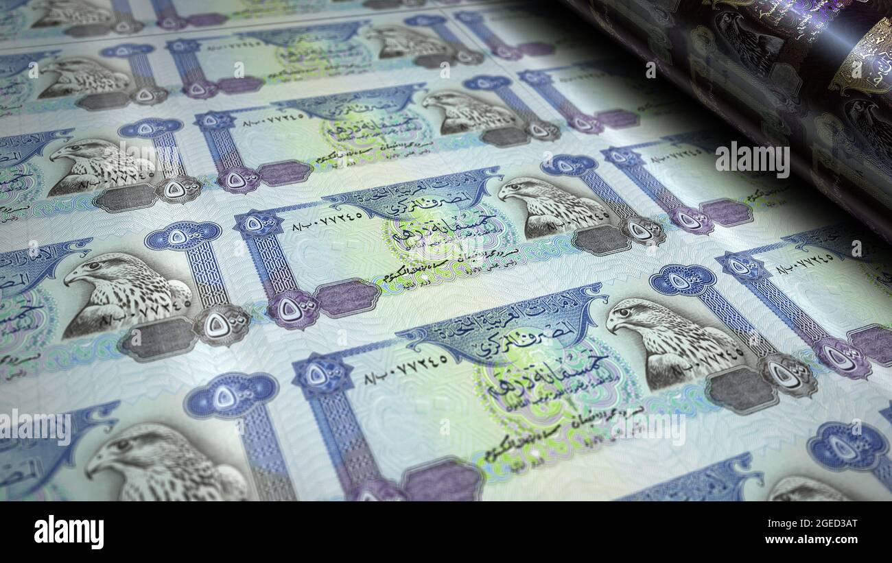 Arab Emirates Dirhams money printing 3d illustration. 500 AED Dubai