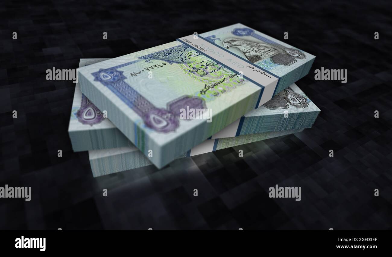 Arab Emirates Dirhams money pack 3d illustration. 500 AED Dubai banknote bundle stacks. Concept of finance, cash, economy crisis, business success, re Stock Photo