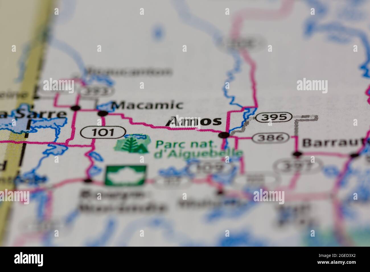 Amos Quebec Canada shown on a road map or Geography map Stock Photo