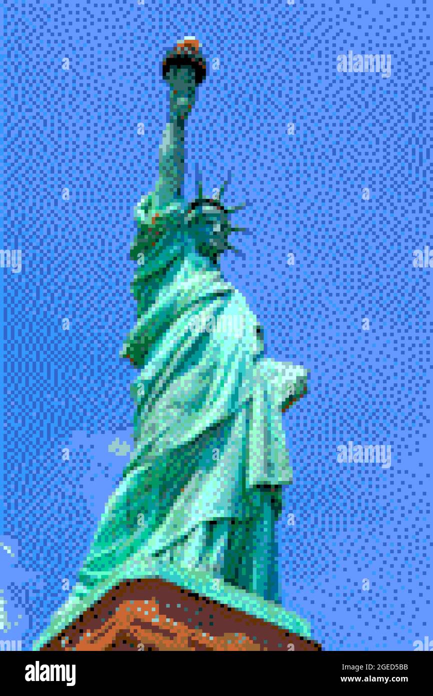 Pixel art 8-bit style graphics. Statue of Liberty. Stock Photo