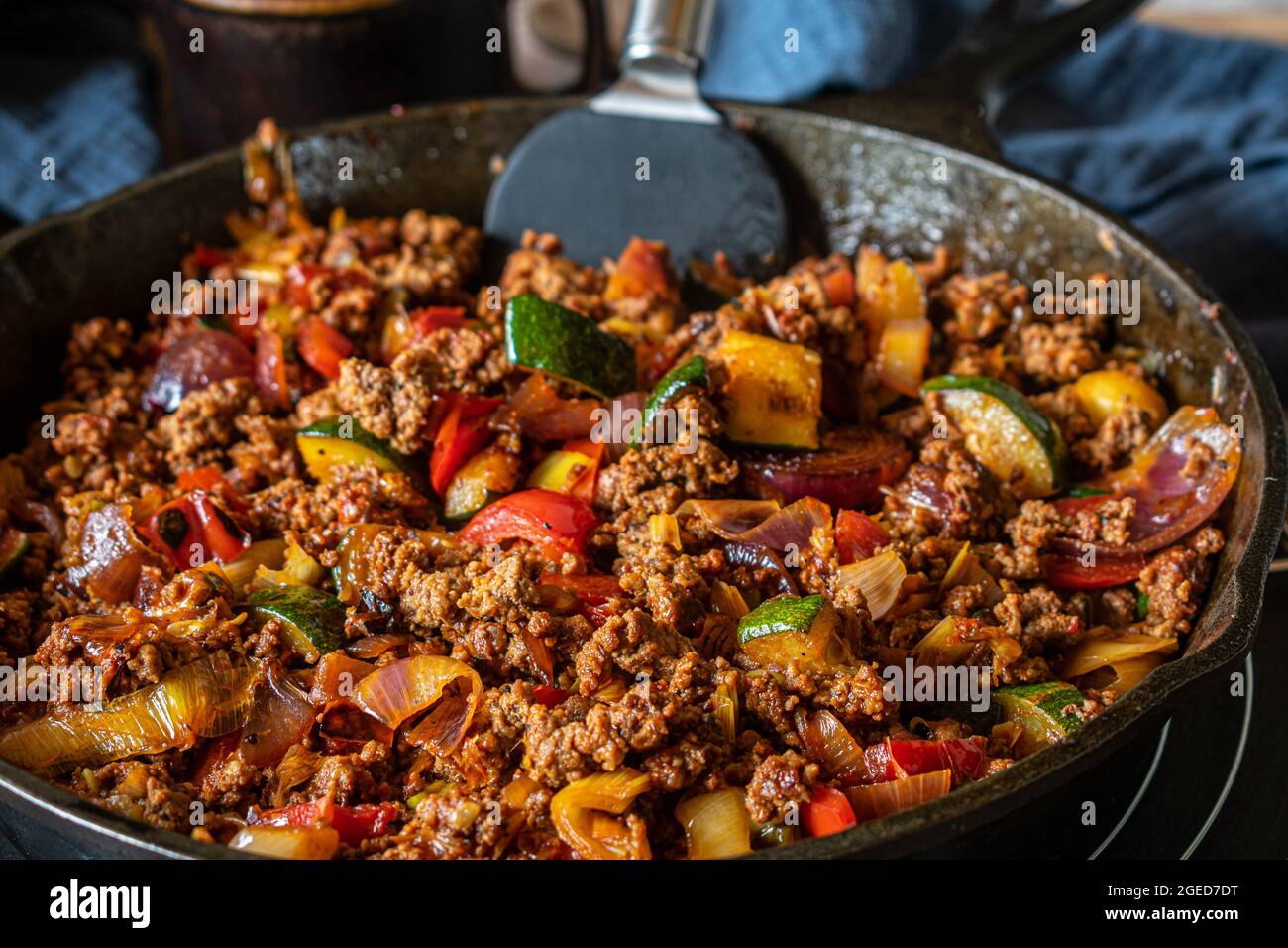Stir fried ground beef with vegetables. Mediterranean dish with
