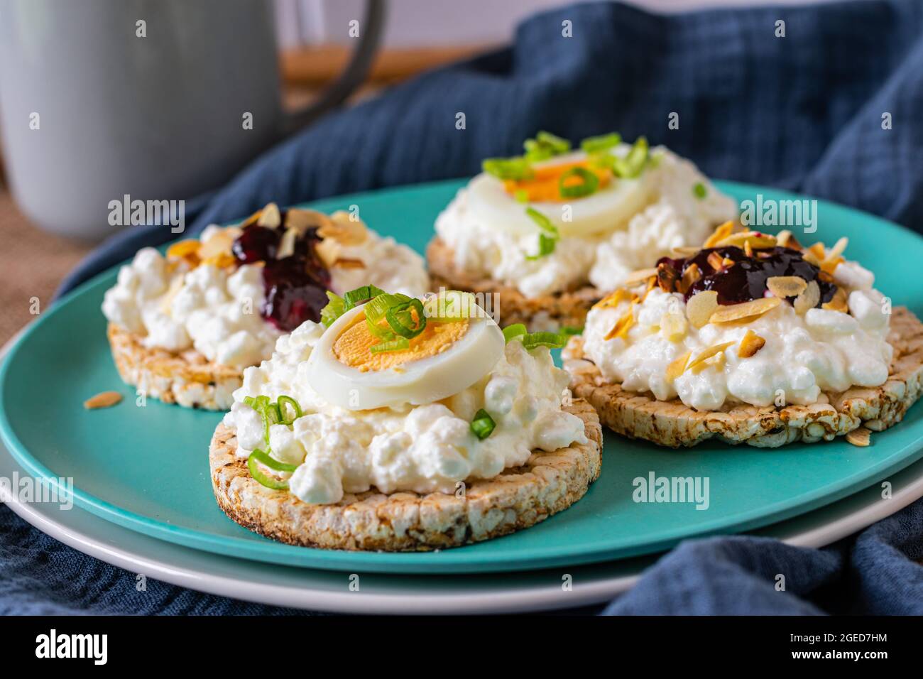 Rice cake sandwiches with cottage cheese Stock Photo Alamy