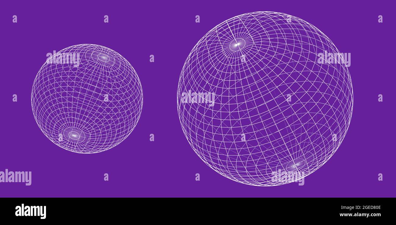 Wireframe globes or spheres on purple background, visualization of geography or navigation concept with latitude and longitude coordinates Stock Photo