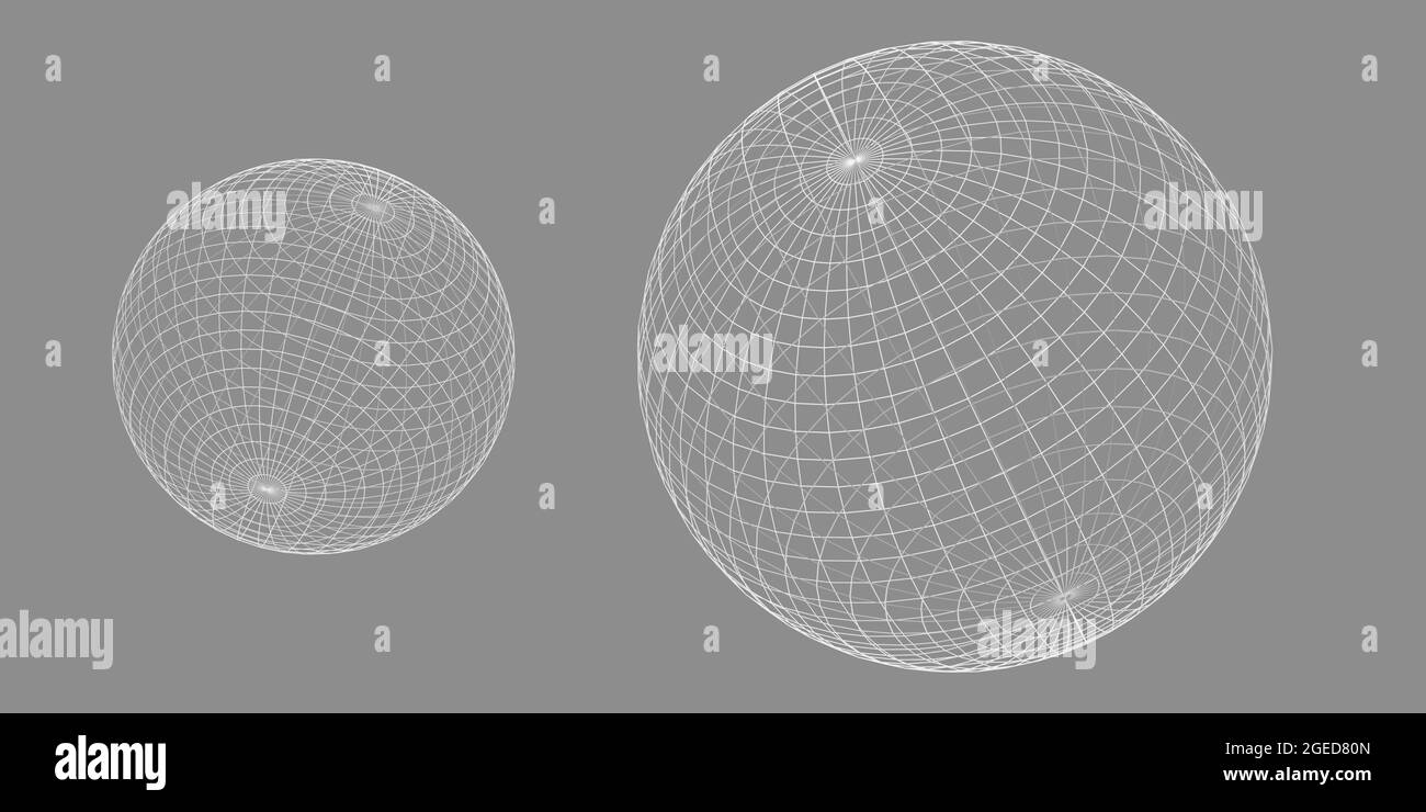 Wireframe globes or spheres on grey background, visualization of geography or navigation concept with latitude and longitude coordinates Stock Photo