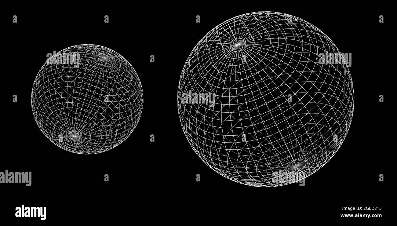 Wireframe globes or spheres on black background, visualization of geography or navigation concept with latitude and longitude coordinates Stock Photo