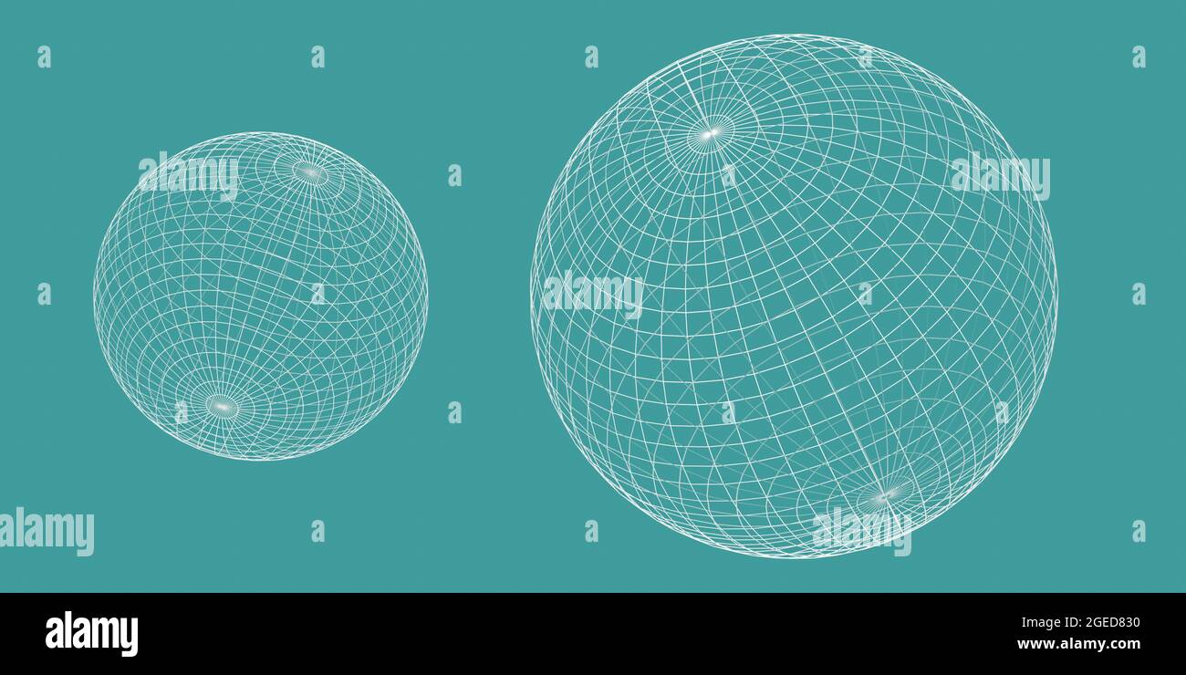 Wireframe globes or spheres on turquoise background, visualization of geography or navigation concept with latitude and longitude coordinates Stock Photo