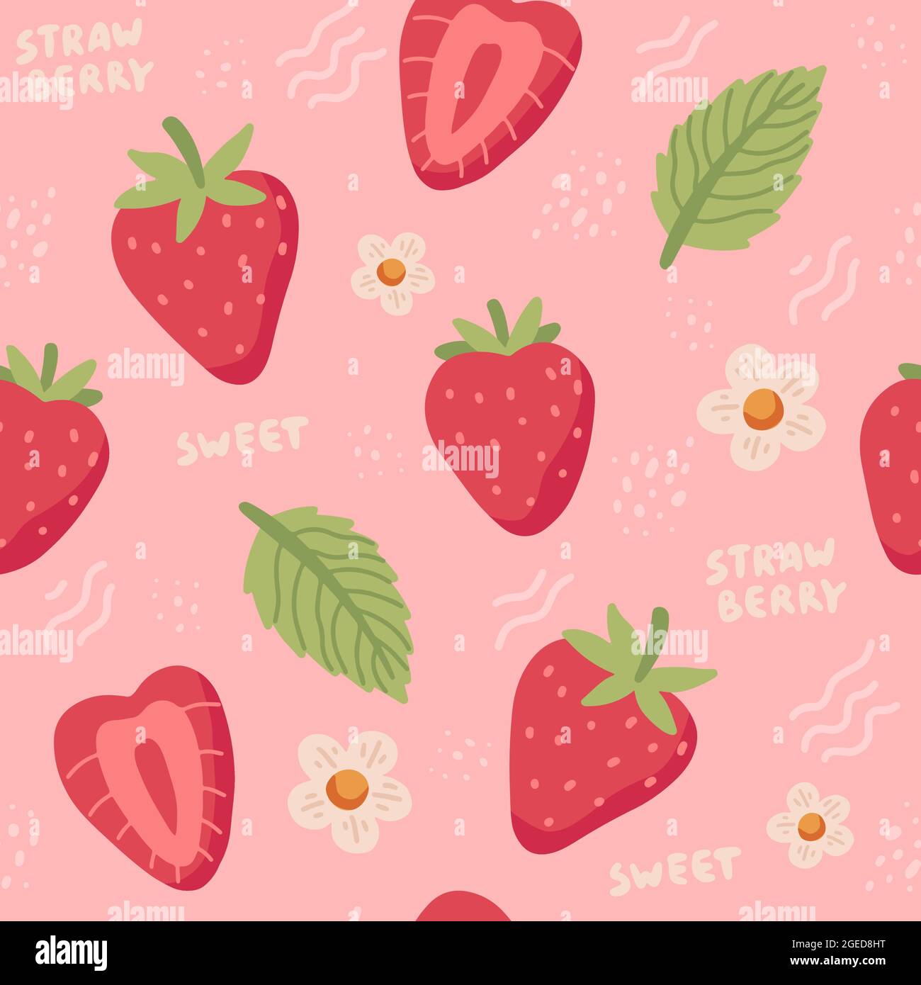 Strawberry pattern. Cute colorful strawberries with flowers and leaves in  doodle style, vector illustration Stock Vector Image \u0026 Art - Alamy, image size:1300x1390