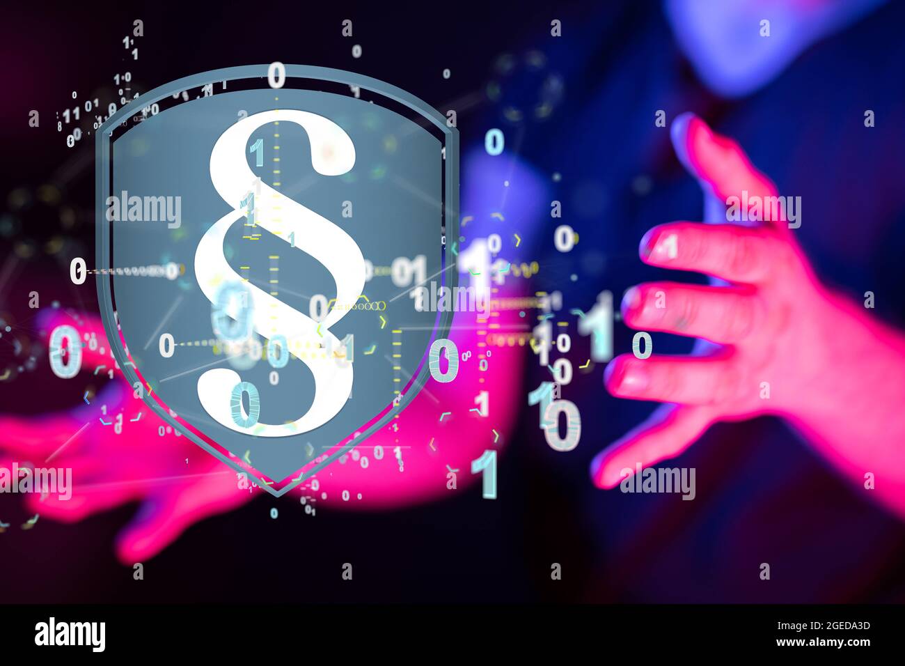 Digital illustration of a law symbols and a binary code in a ...