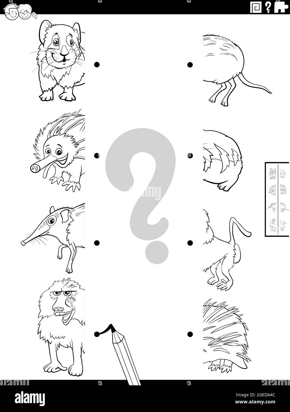 Black and white cartoon illustration of educational game of matching halves of pictures with wild animals characters coloring book page Stock Vector