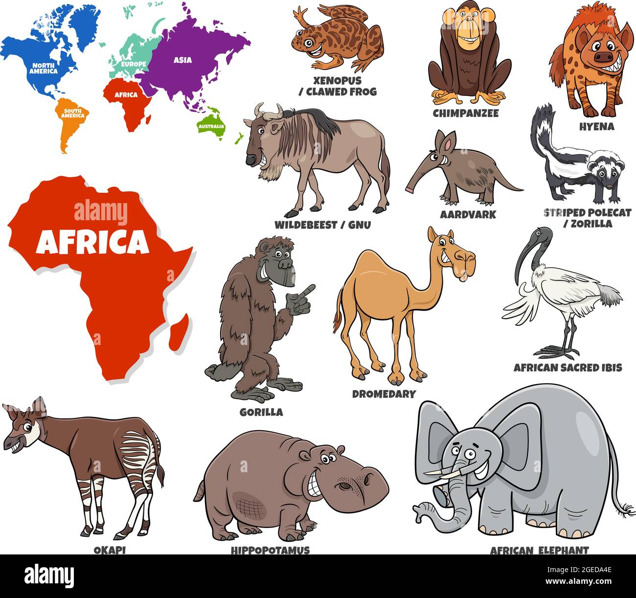Educational cartoon illustration of African animal species set and world  map with continents shapes Stock Vector Image & Art - Alamy