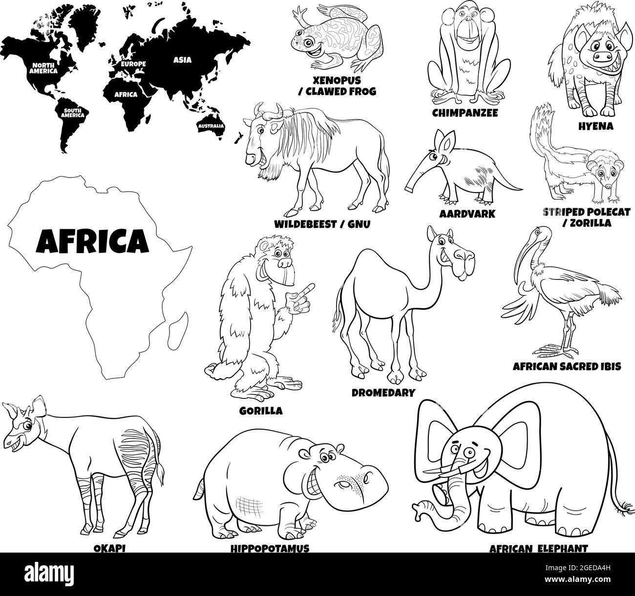 Black and white educational cartoon illustration of African animal species set and world map with continents shapes coloring book page Stock Vector