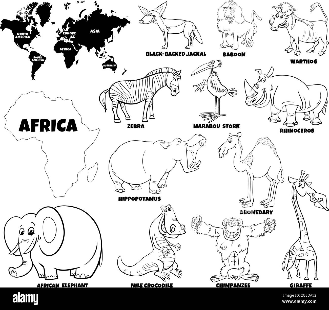 Black and white educational cartoon illustration of African animal characters set and world map with continents shapes coloring book page Stock Vector