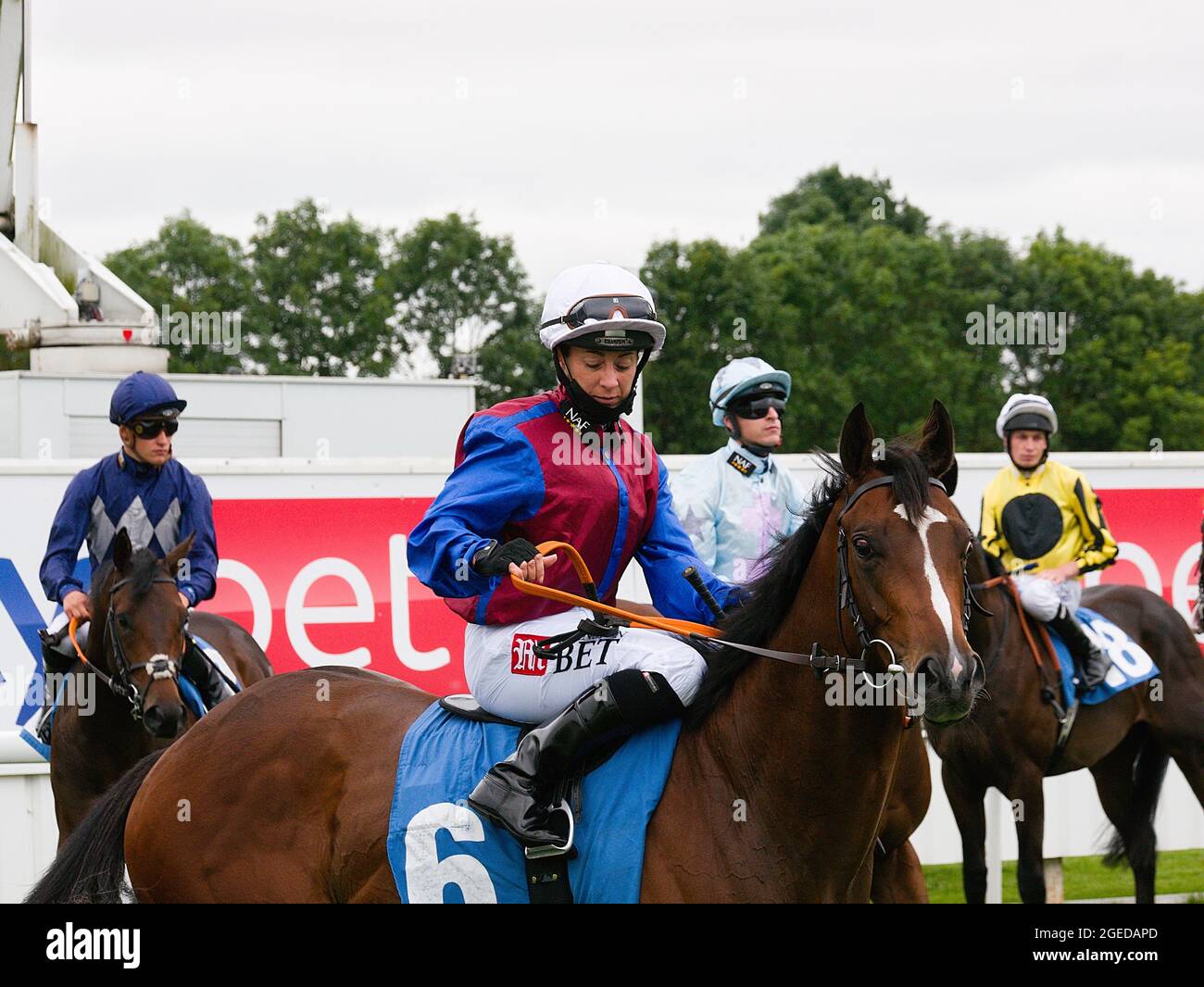 Hayley Turner waiting to be led into the starting gate at York Racecourse. Stock Photo