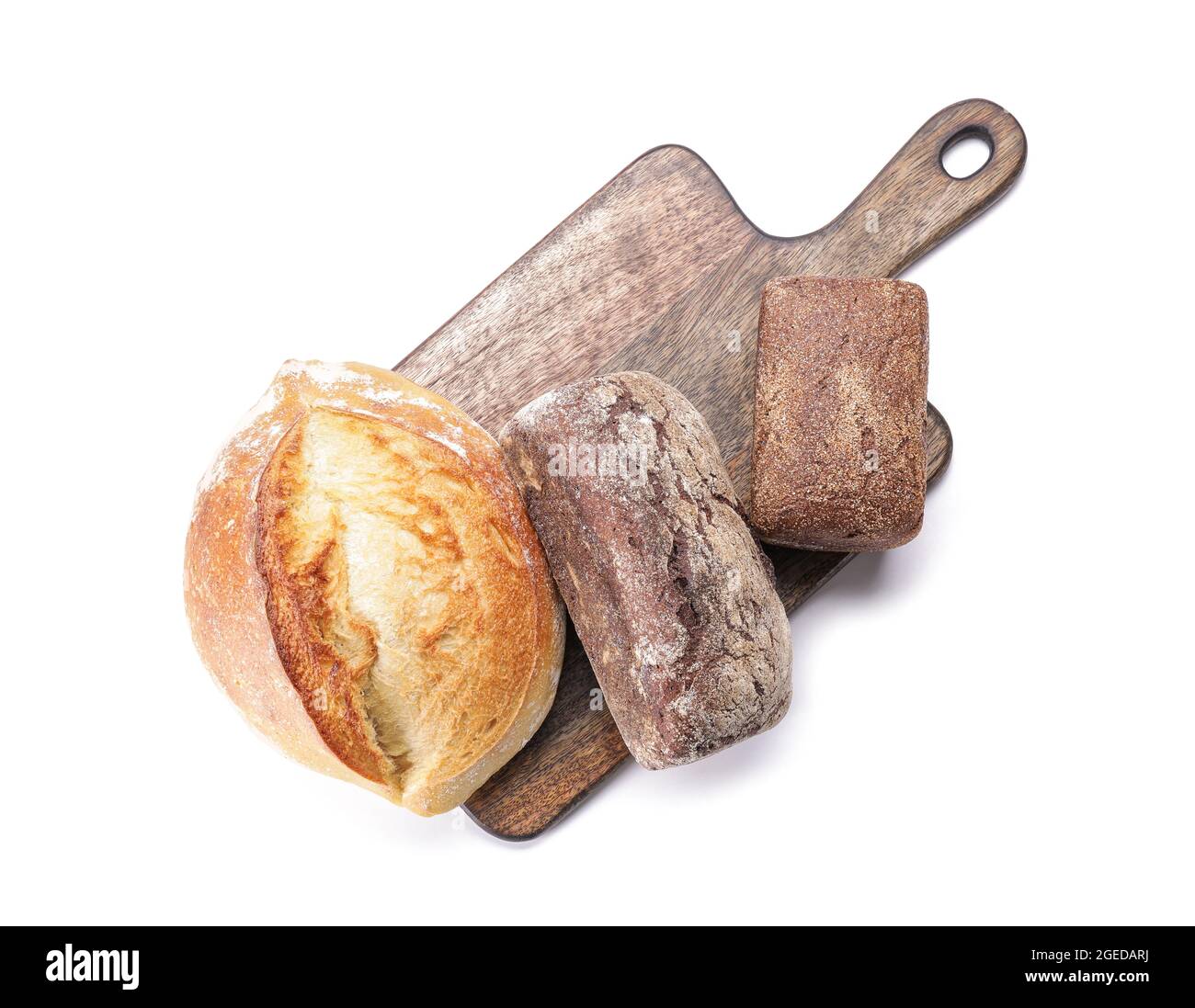 Board with different fresh bread on white background Stock Photo