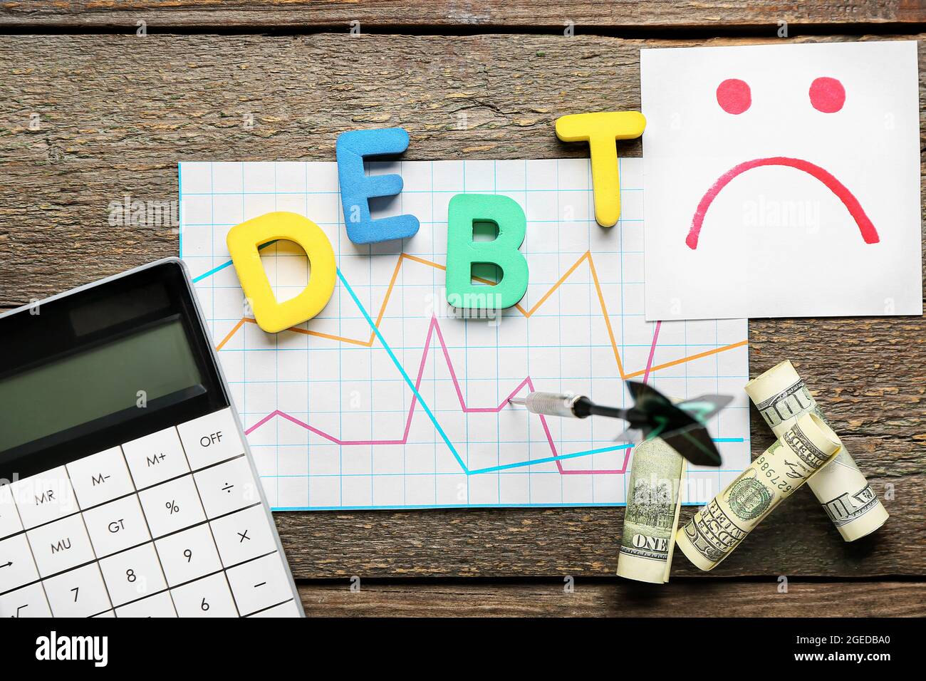Word DEBT with chart and calculator on wooden background Stock Photo ...