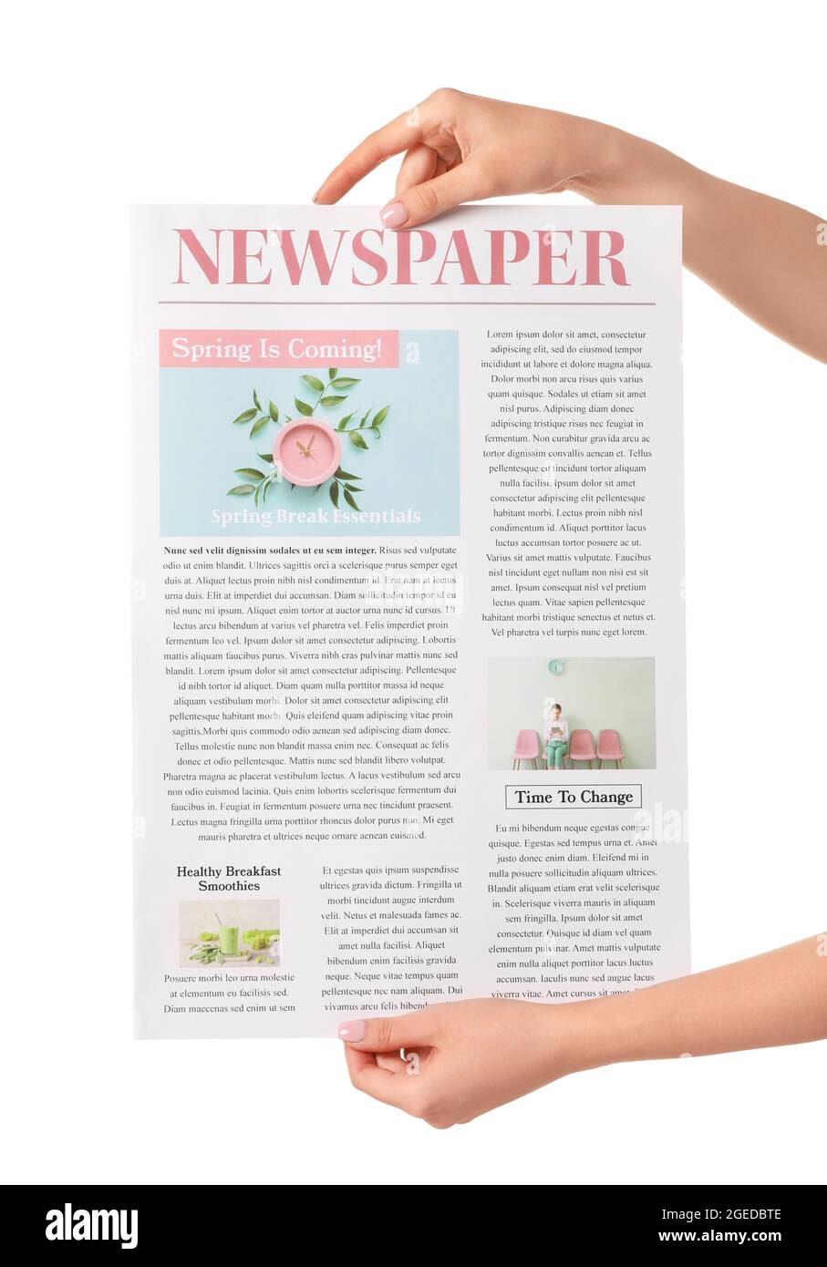 Female hand and newspaper on white background Stock Photo Alamy