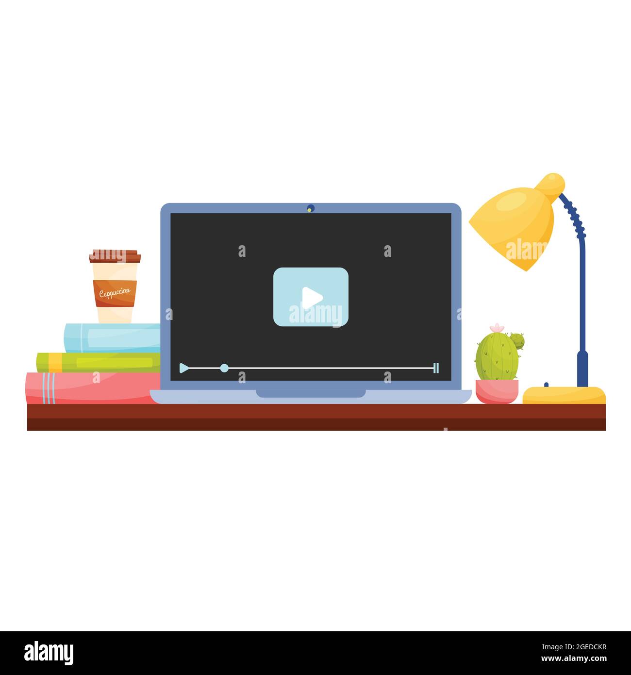 Home office workplace with online video on laptop. Vector illustration. Stock Vector