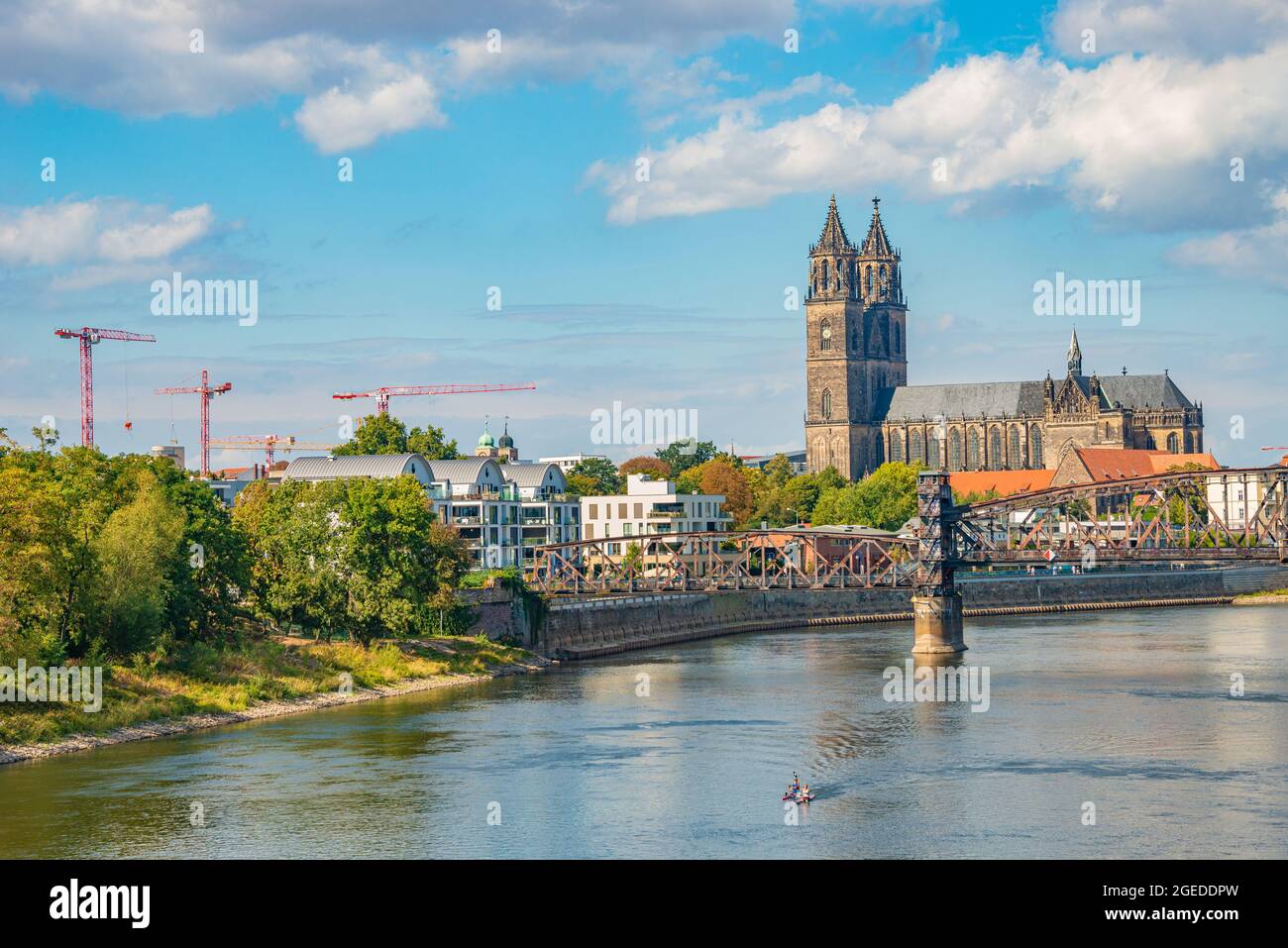 Historical downtown of Magdeburg, old town, Elbe river, old footbridge