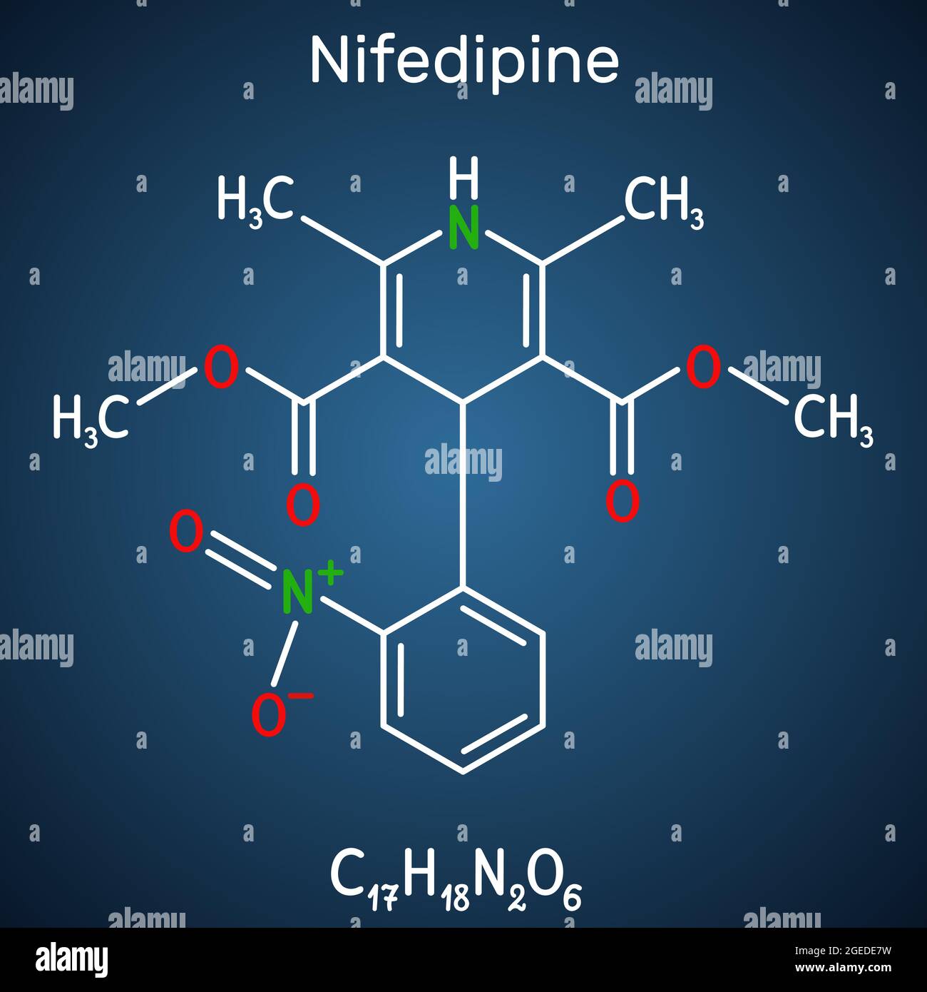 Nifedipine, molecule. It is dihydropyridine calcium channel blocking agent. Structural chemical formula on the dark blue background Stock Vector
