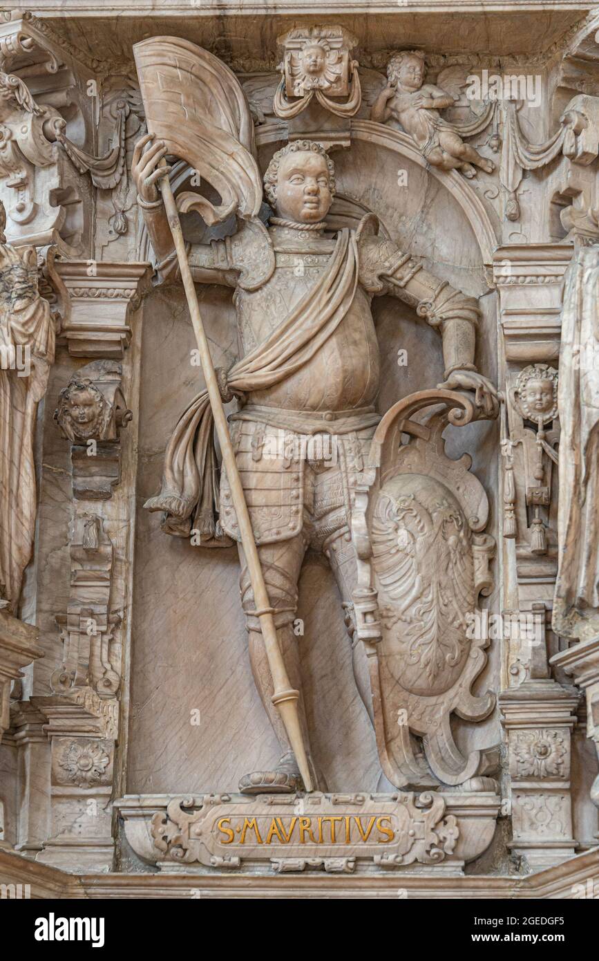 Statue of Saint Maurice in Magdeburg Cathedral as Roman soldier from Thebes in 13 century, closeup, details Stock Photo