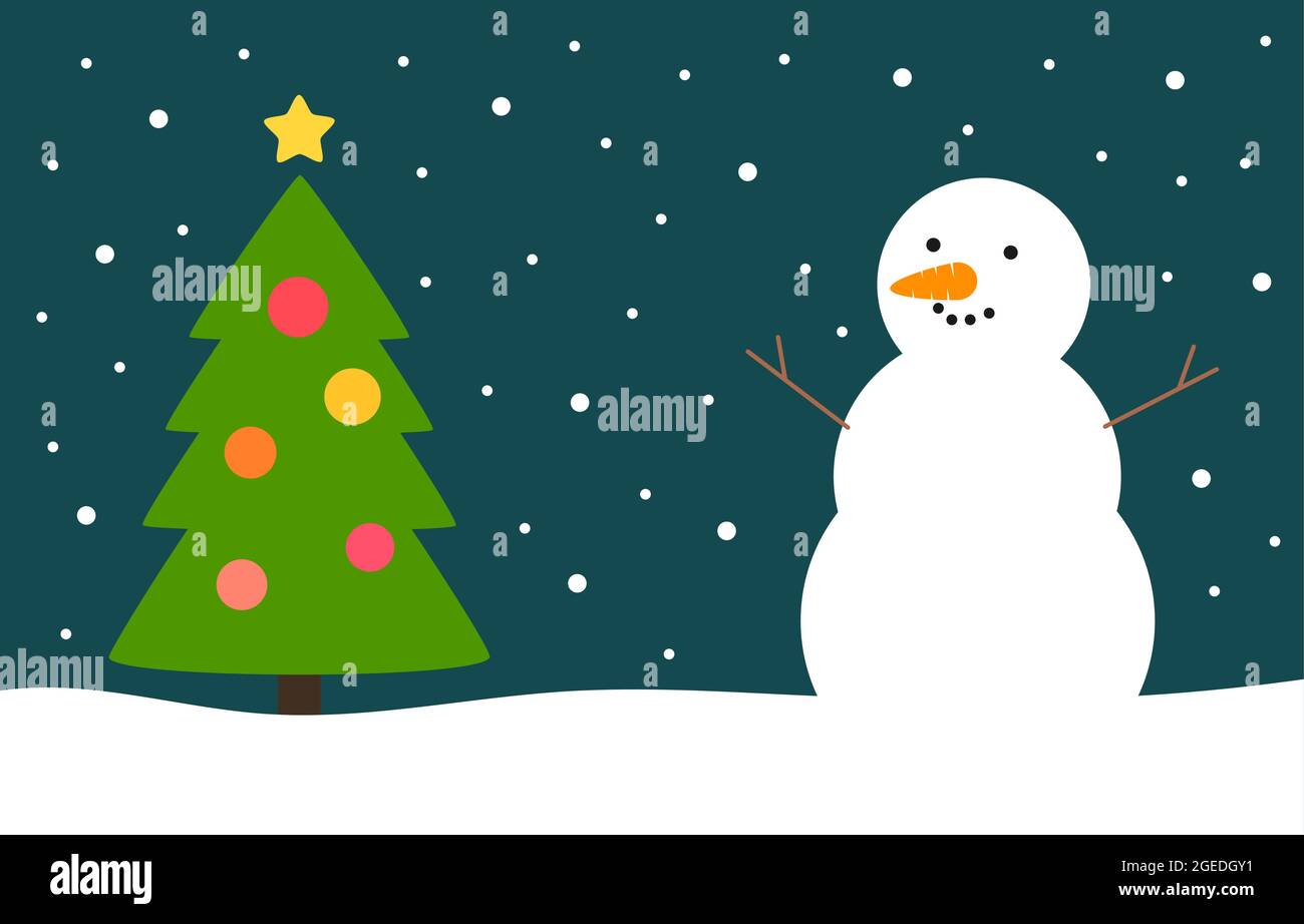 Happy snowman and decorated Christmas tree card. Vector illustration ...