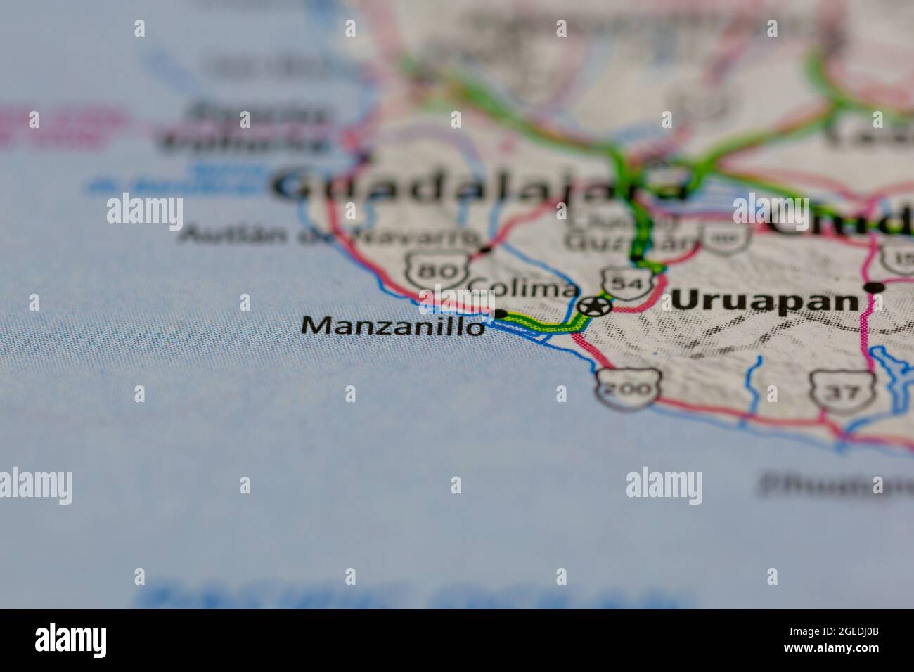 Manzanillo Mexico shown on a road map or Geography map Stock Photo