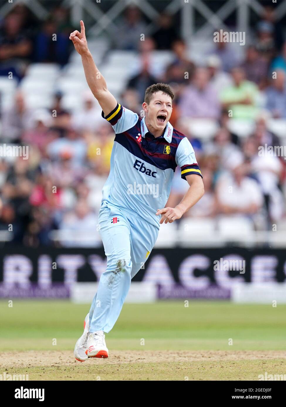 Durham's Matty Potts celebrates taking the wicket of Glamorgan's Kiran Carlson during the Royal London One-Day Cup Final at Trent Bridge, Nottingham. Picture date: Thursday August 19, 2021. See PA story CRICKET Final. Photo credit should read: Zac Goodwin/PA Wire. RESTRICTIONS: No commercial use without prior written consent of the ECB. Still image use only. No moving images to emulate broadcast. Editorial use only. No removing or obscuring of sponsor logos. Stock Photo