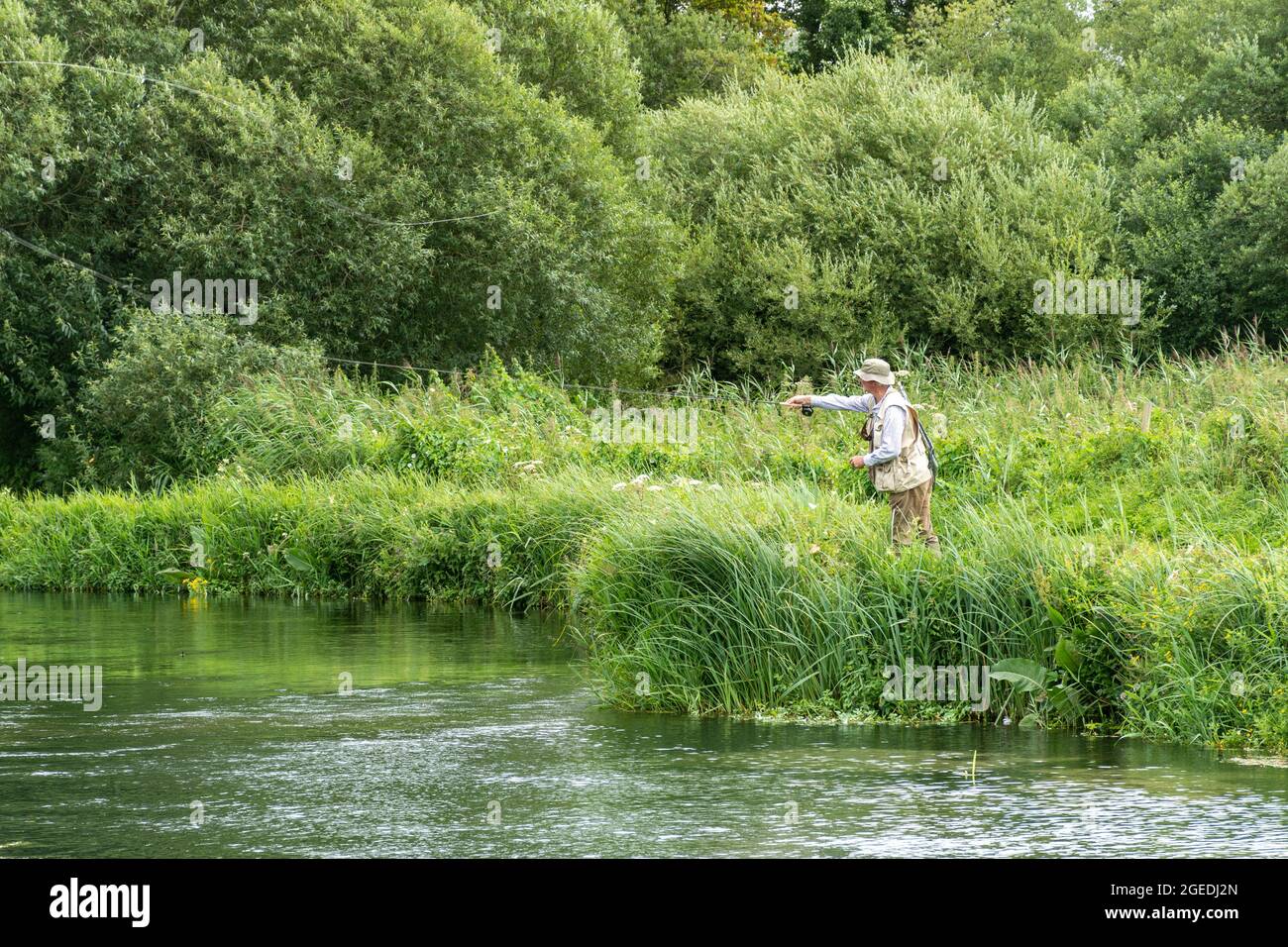 Angler fly fishing on the River Test near Houghton in Hampshire
