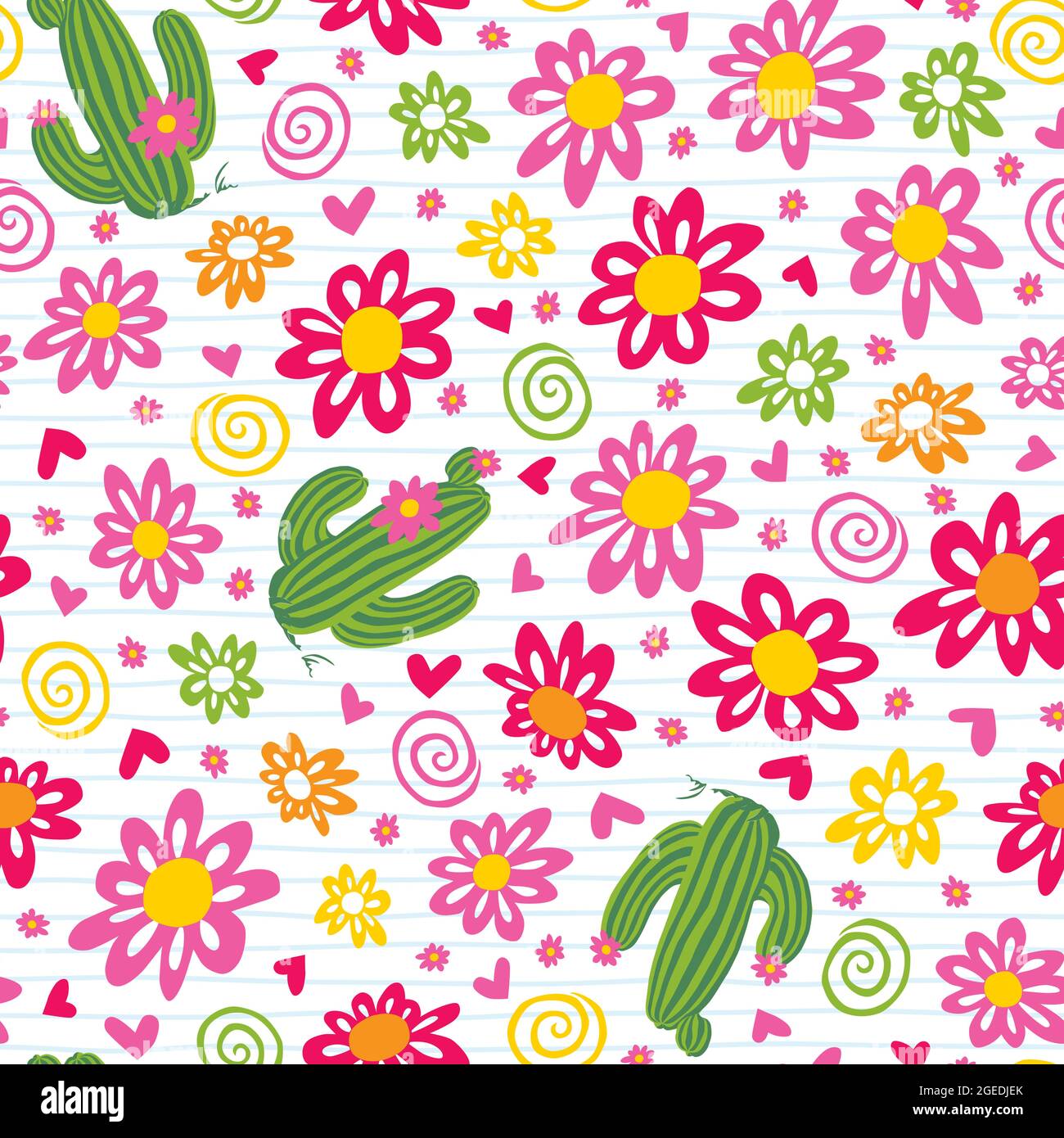 Vector cute cactus and daisy flowers seamless repeat pattern. Suitable for textile, gift wrap and wallpaper. Stock Vector