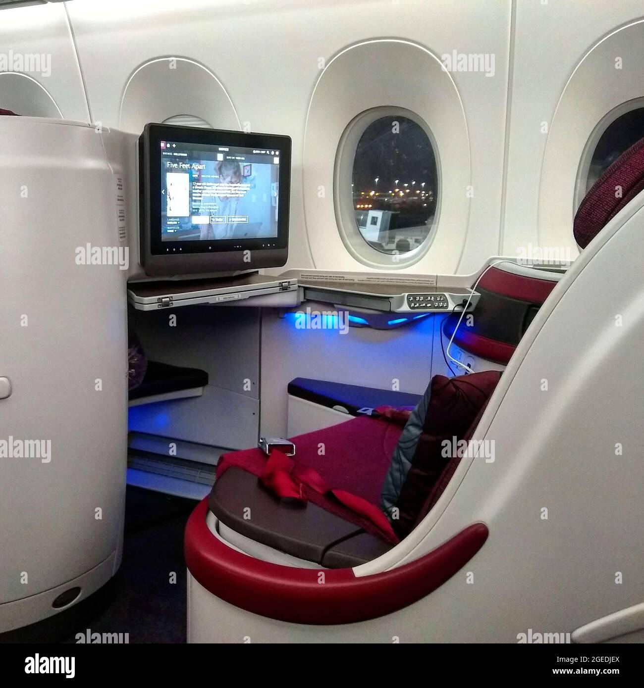 DOHA, QATAR - Jul 29, 2019: An interior view of Business Class Qatar Airways,Flight Doha Milan Airbus 350 Stock Photo