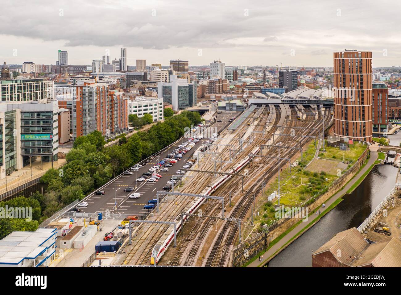 An aerial view of Leeds city centre skyline and train station Stock Photo