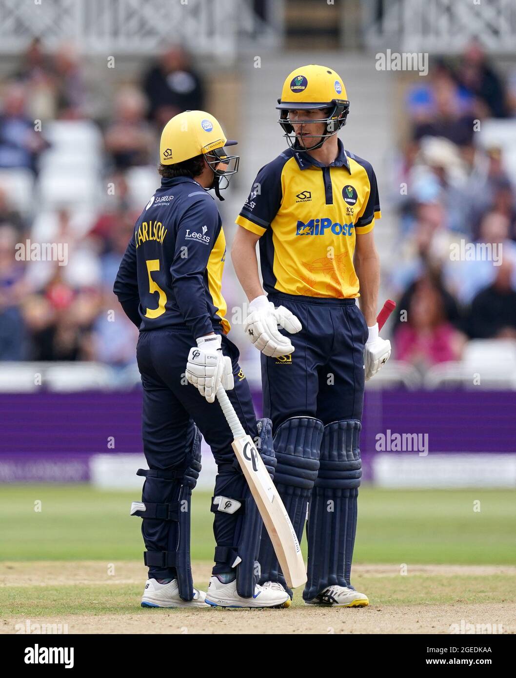Glamorgan's Kiran Carlson (left) and Nick Selman during the Royal London One-Day Cup Final at Trent Bridge, Nottingham. Picture date: Thursday August 19, 2021. See PA story CRICKET Final. Photo credit should read: Zac Goodwin/PA Wire. RESTRICTIONS: No commercial use without prior written consent of the ECB. Still image use only. No moving images to emulate broadcast. Editorial use only. No removing or obscuring of sponsor logos. Stock Photo