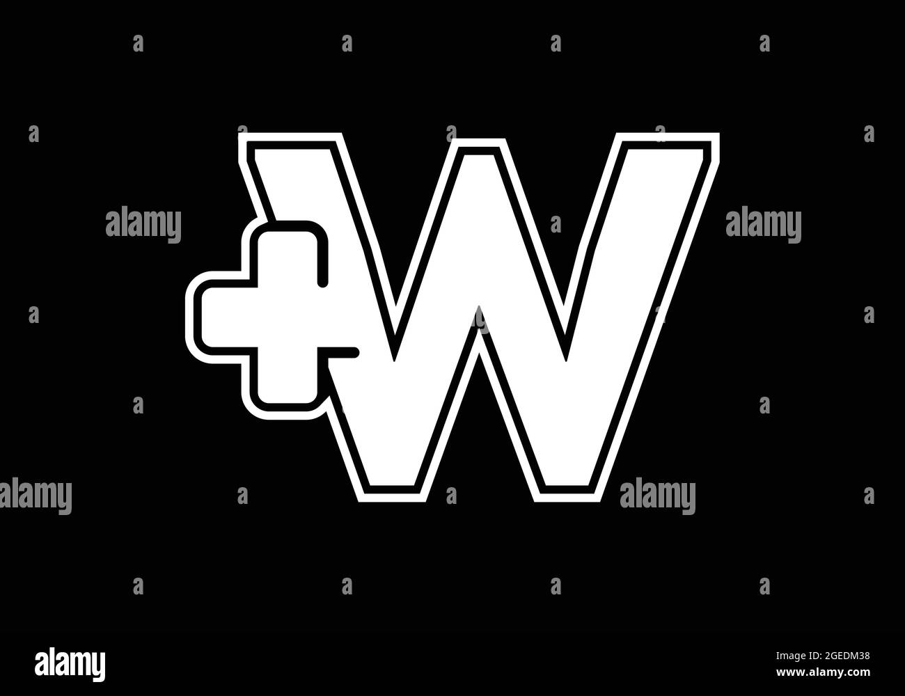 Initial W monogram alphabet with a plus logo sign white in black ...