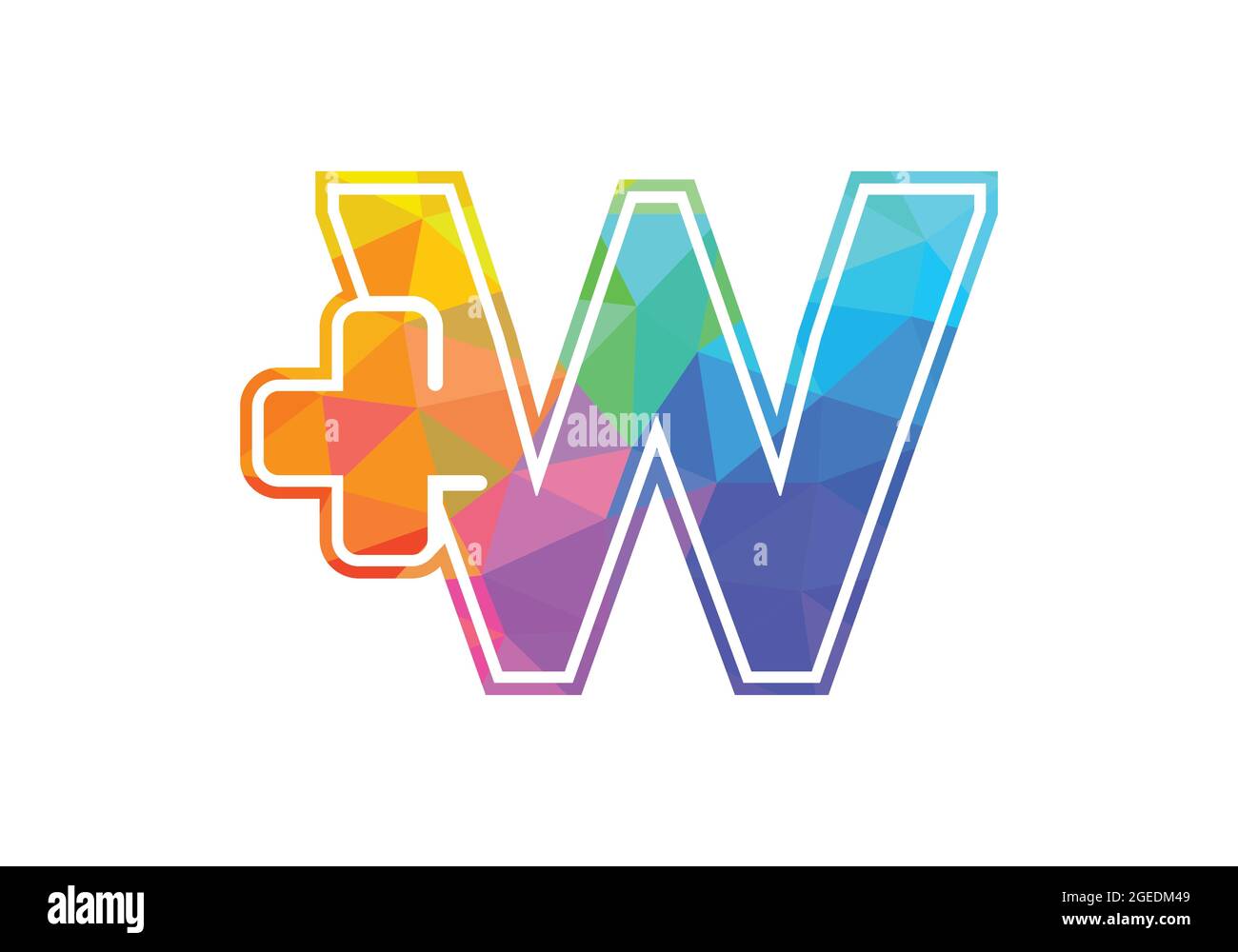 Initial W monogram alphabet with a plus logo sign. Low poly art style ...