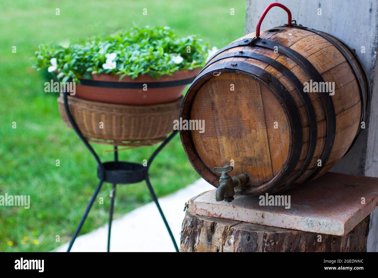 decorative wine barrel in the garden Stock Photo Alamy