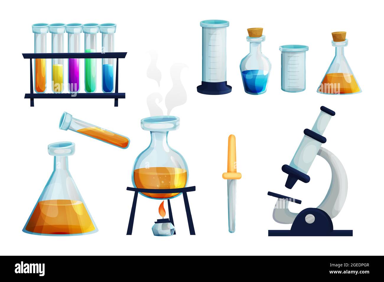 Laboratory set with glass flask with burner, test tubes with liquid,  beaker, glass dropper chemistry research