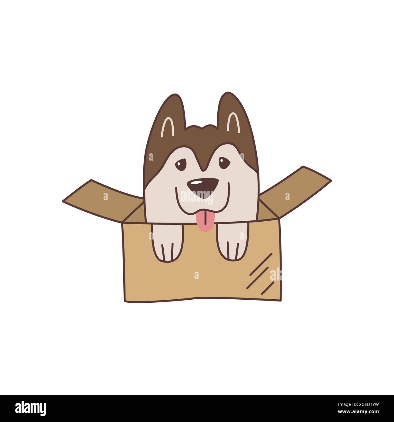 Cute kawaii husky puppy in cardboard box. Playful cartoon dog with tongue. Unusual surprise gift. Emblem, logo, label for friendly parcel delivery Stock Vector